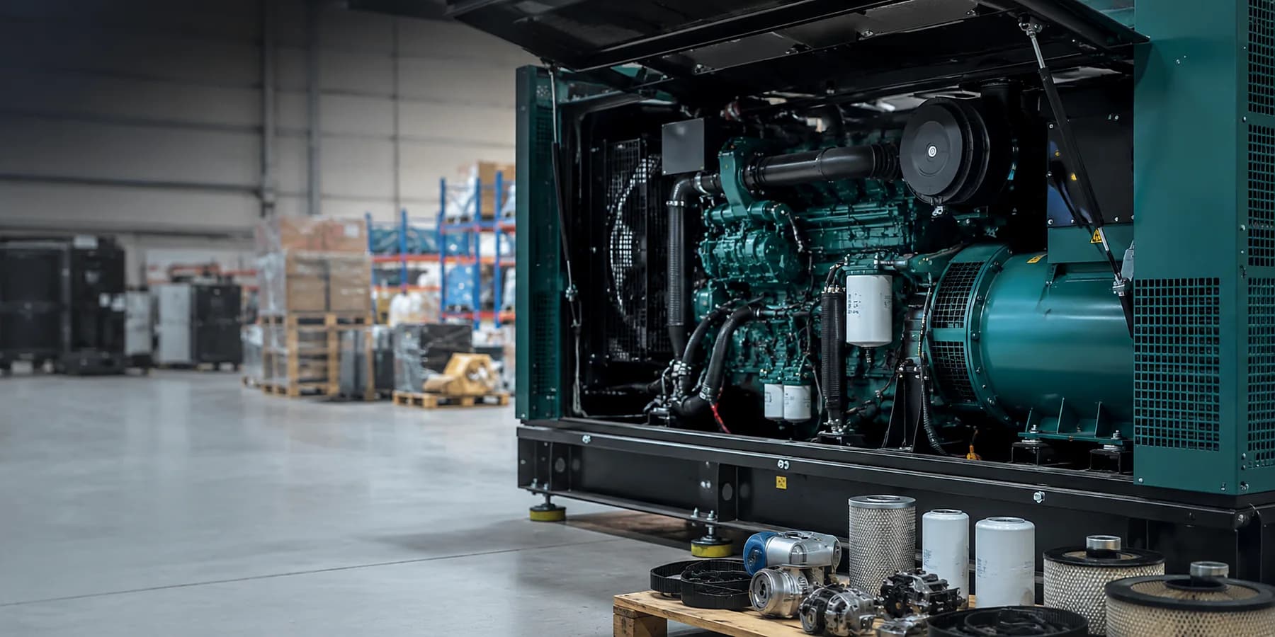 Industrial generator set with engine components and spare parts
