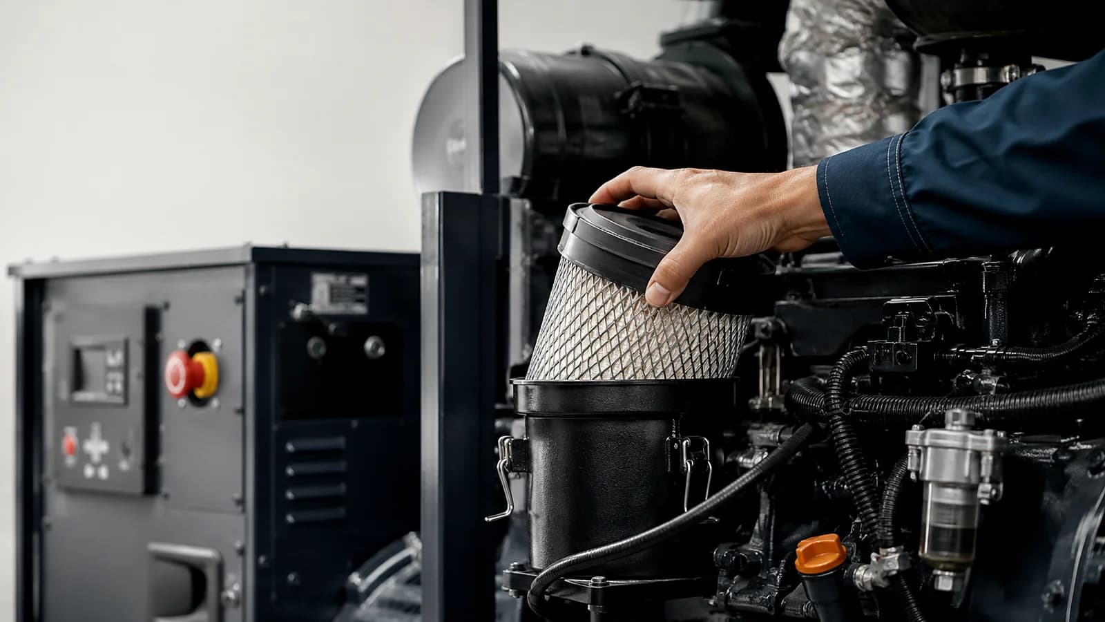 Technician replacing a generator air filter near the control panel